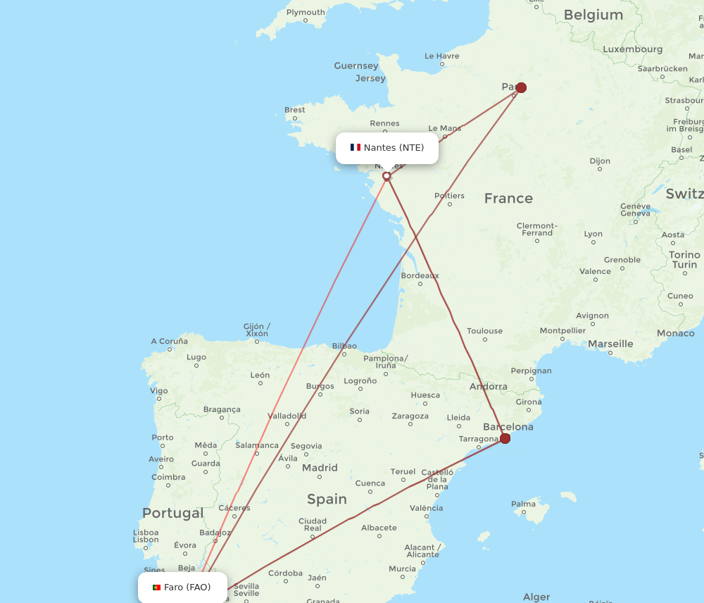 FAO to NTE flights and routes map