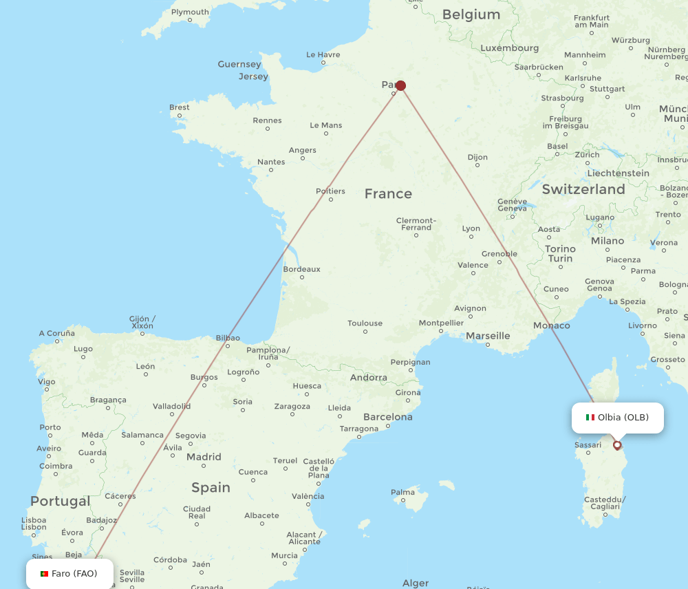Olbia - Faro route map and flight paths