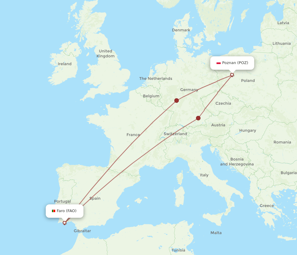 FAO-POZ flight routes
