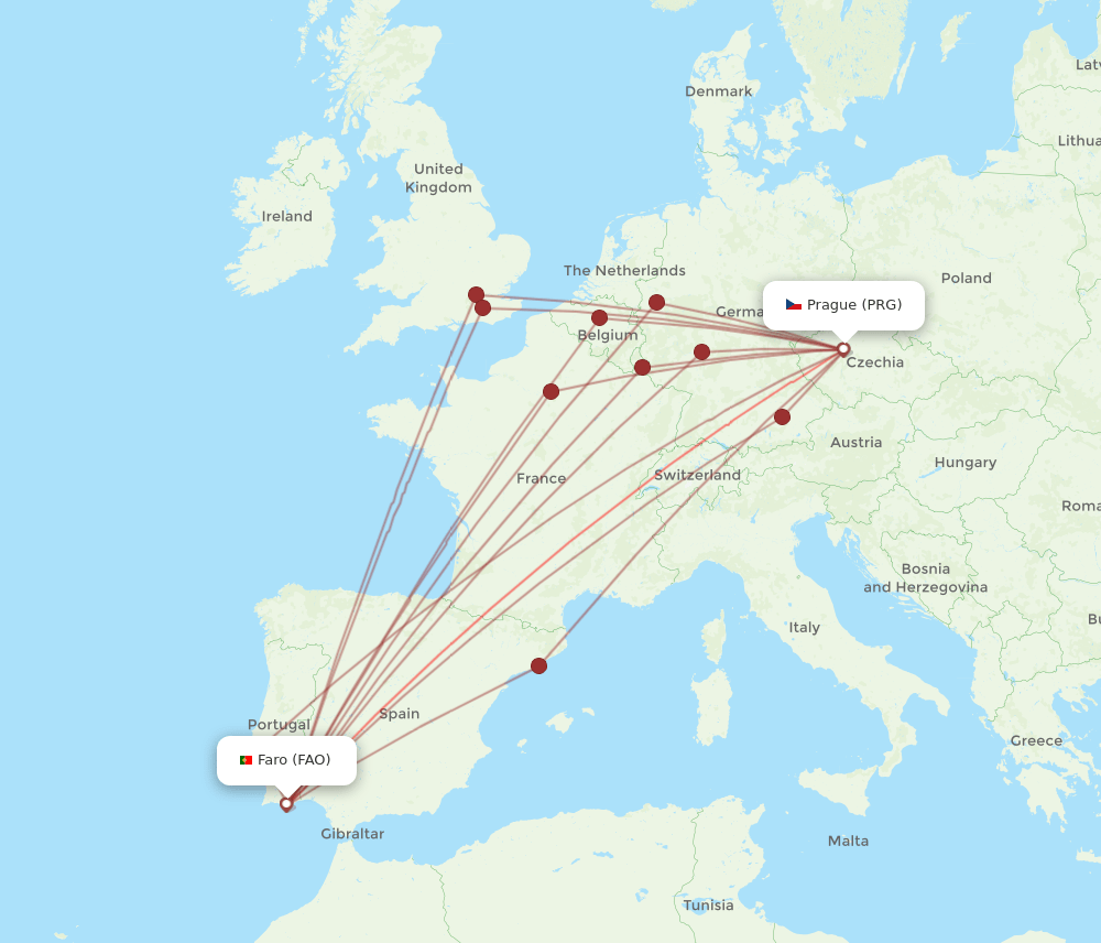 FAO to PRG flights and routes map