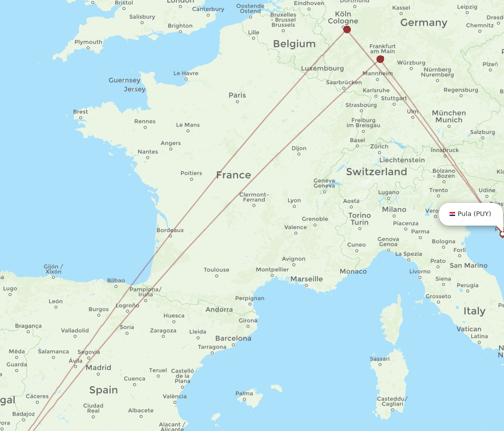 Pula - Faro route map and flight paths