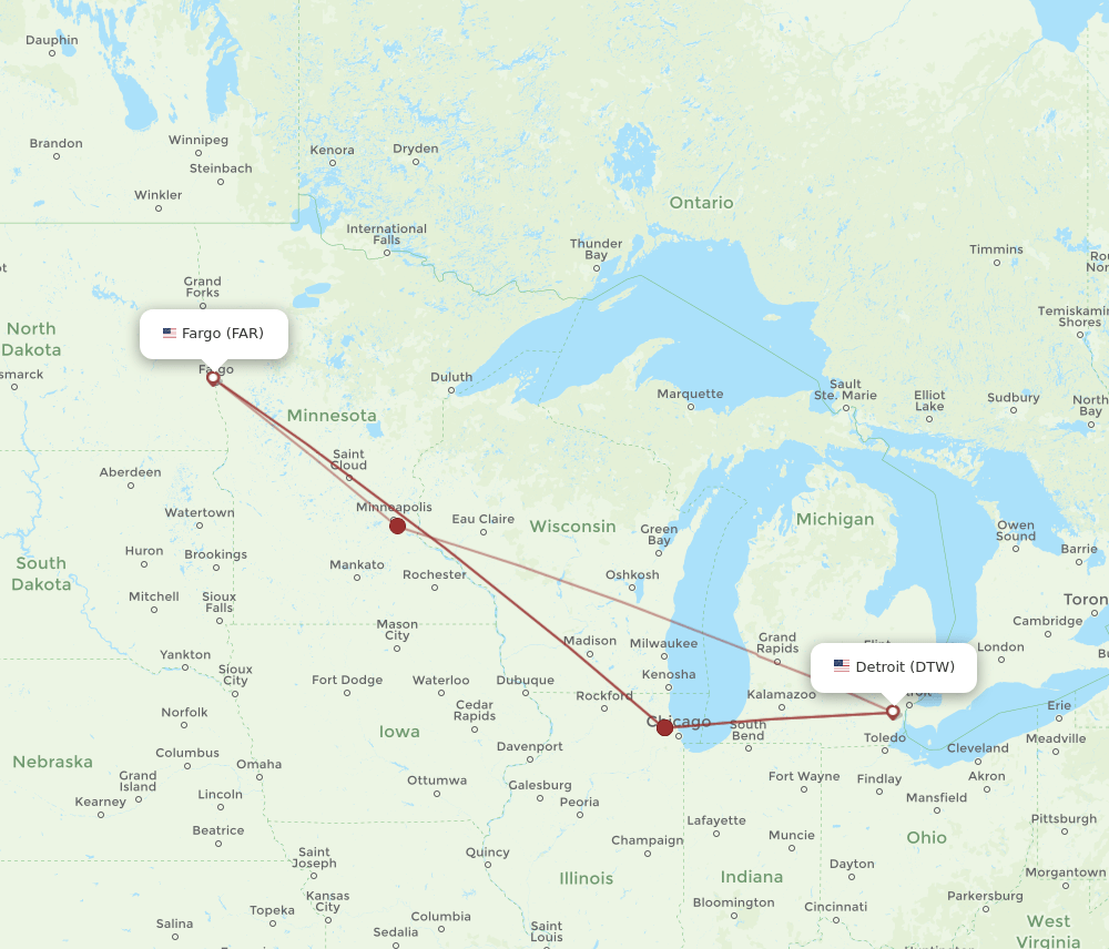 FAR to DTW flights and routes map