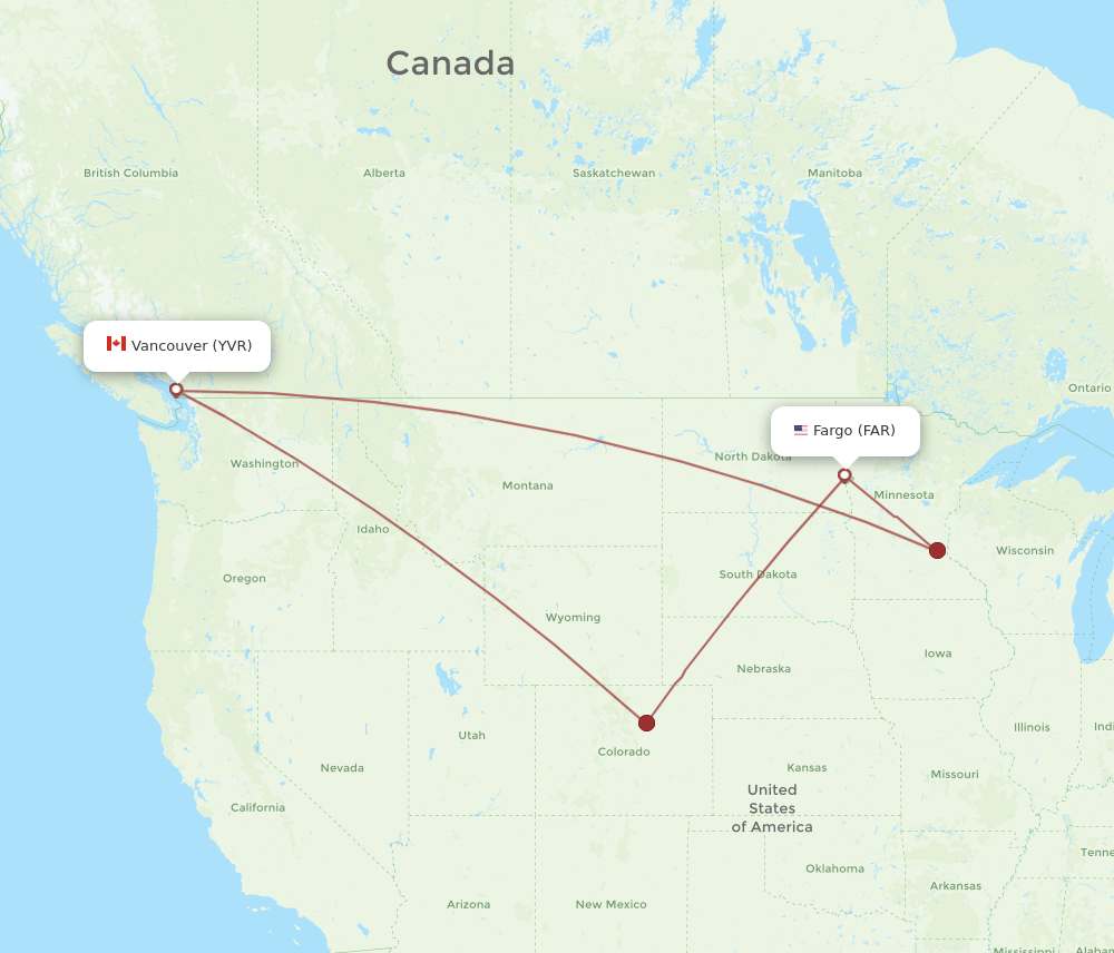 Vancouver - Fargo route map and flight paths