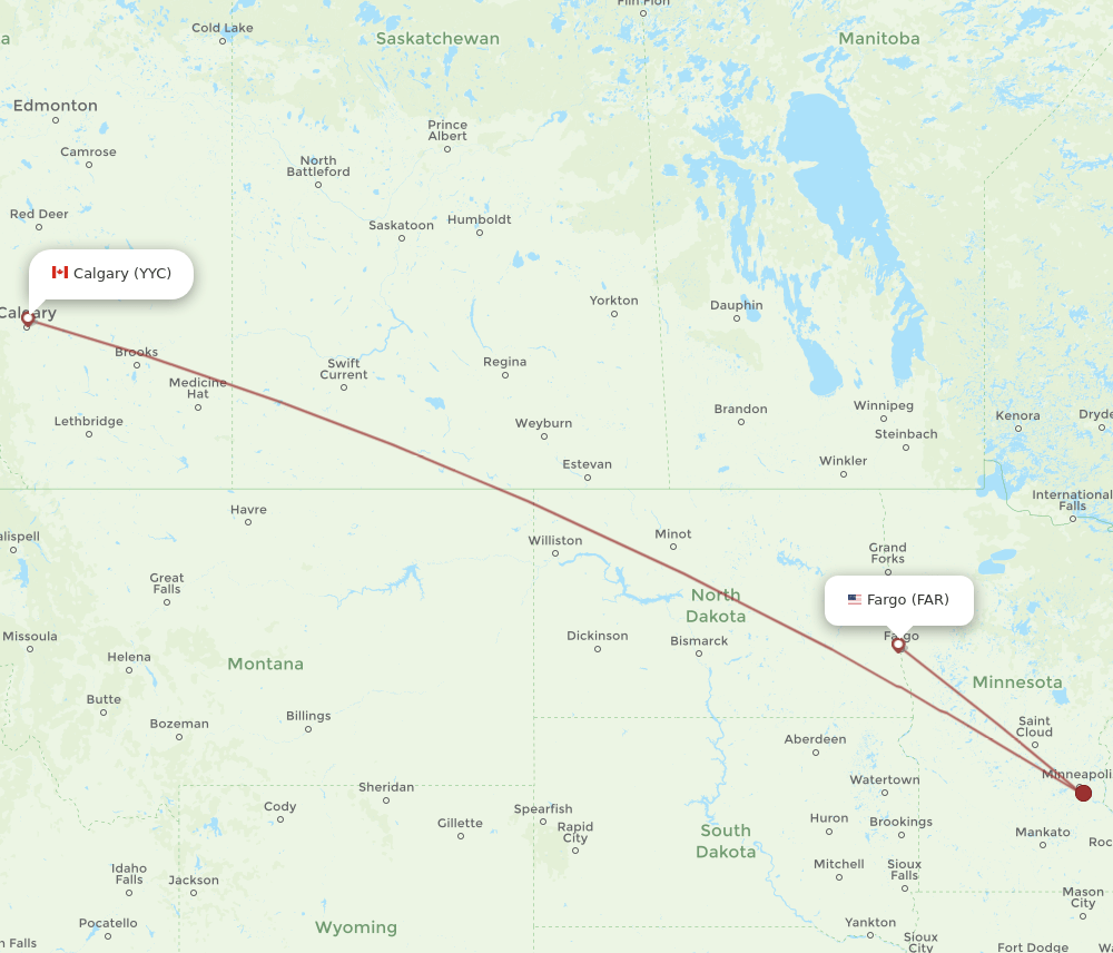 Calgary - Fargo route map and flight paths