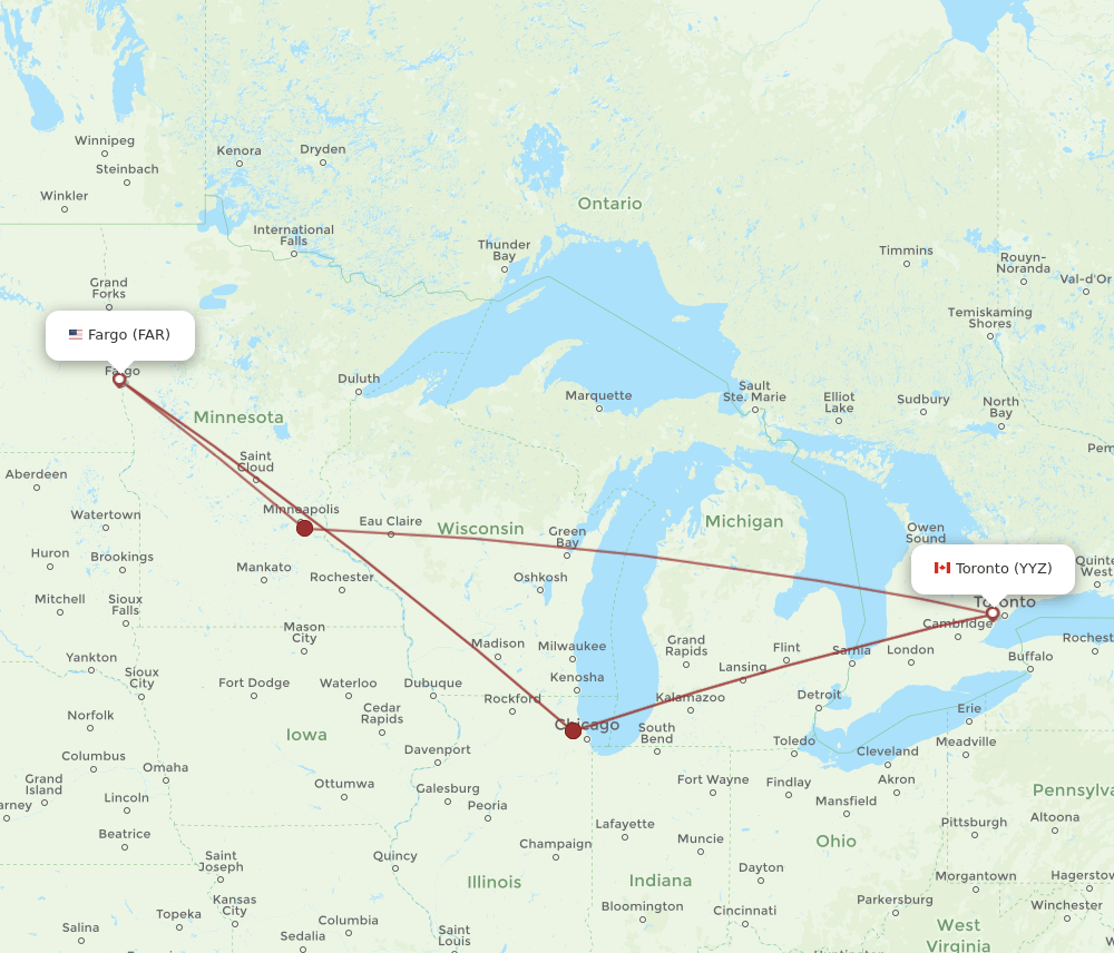 Toronto - Fargo route map and flight paths