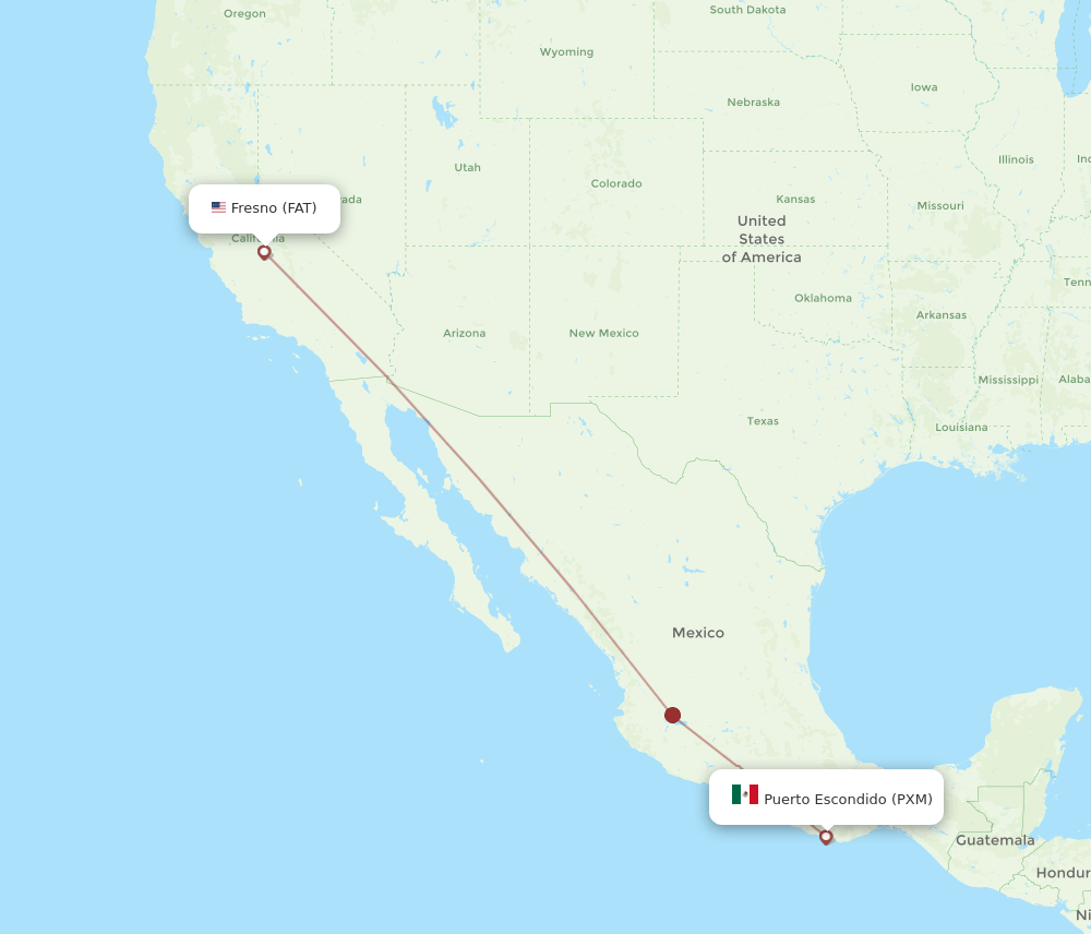 Puerto Escondido - Fresno route map and flight paths
