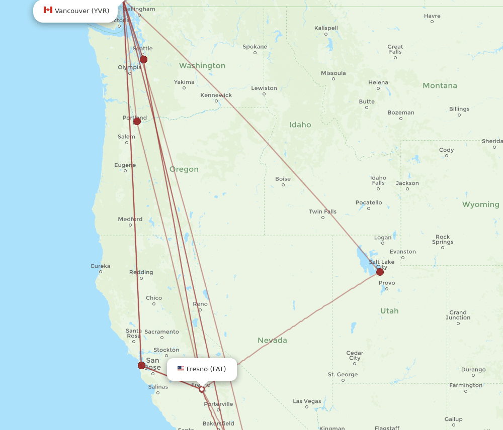 Vancouver - Fresno route map and flight paths