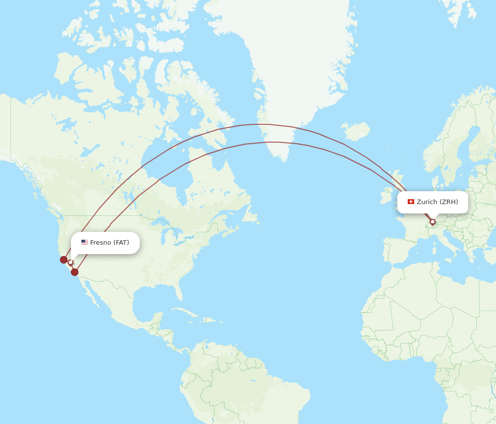 Zurich - Fresno route map and flight paths