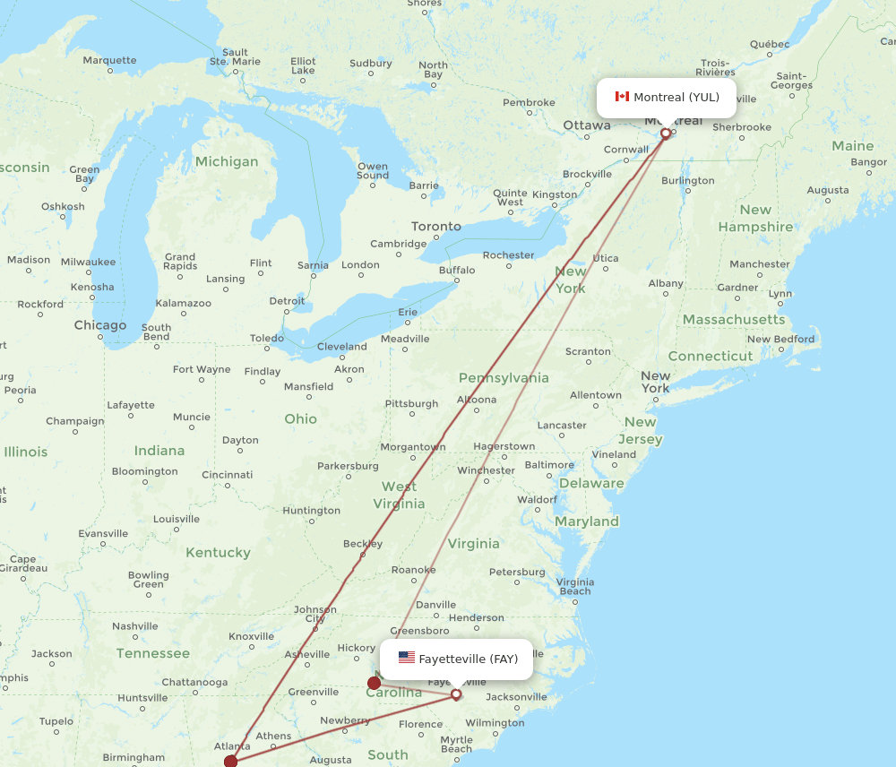 FAY to YUL flights and routes map