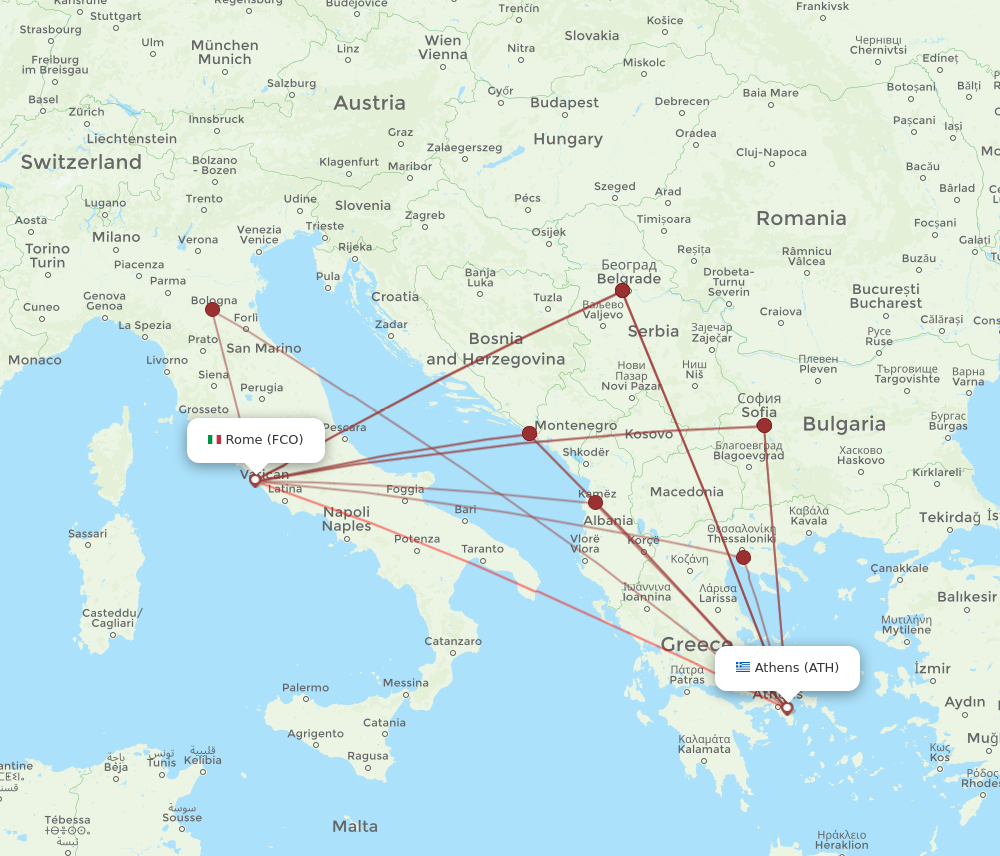 FCO to ATH flights and routes map