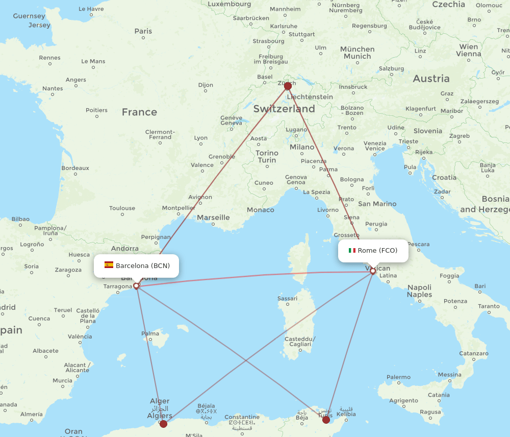 FCO-BCN flight routes