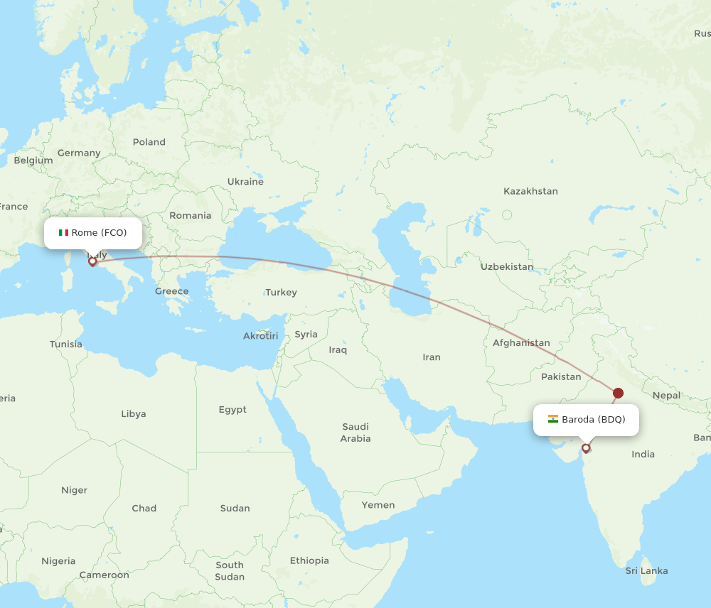 Vadodara - Rome route map and flight paths