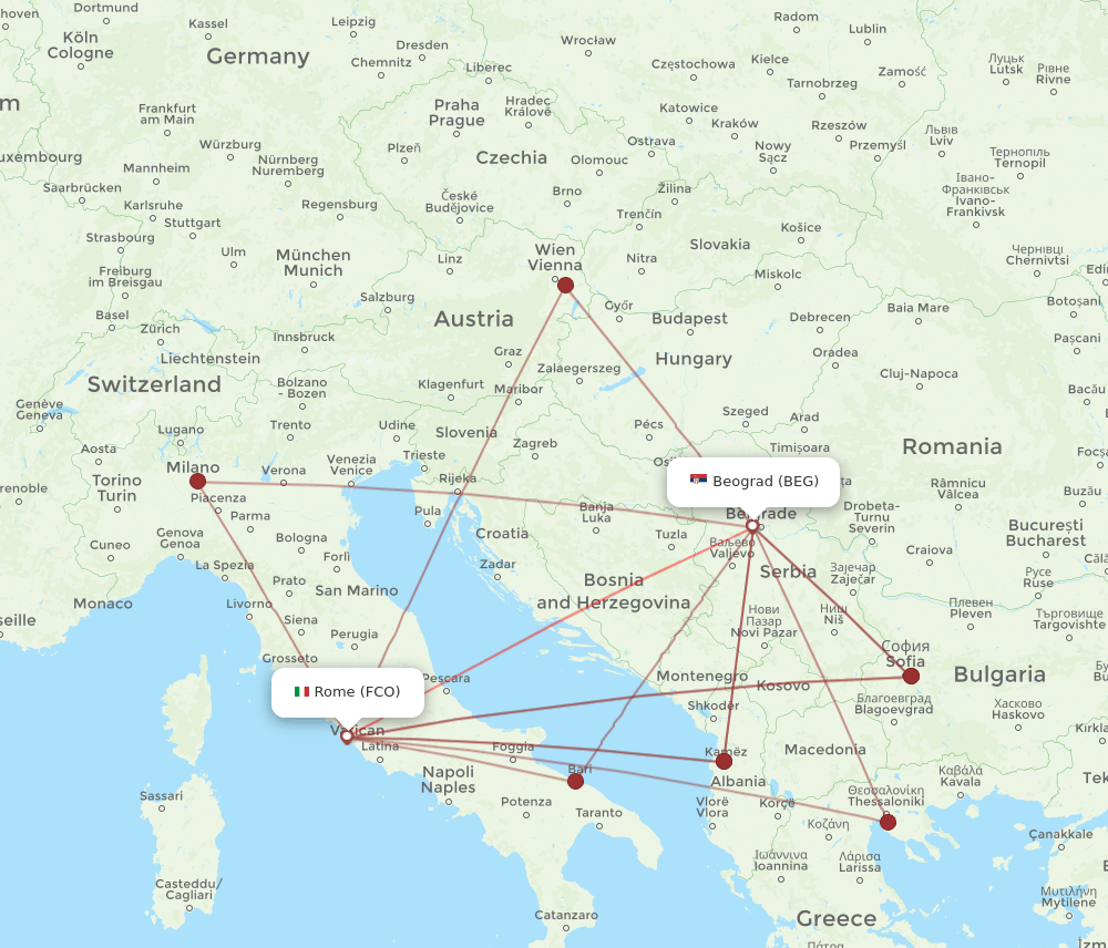 FCO to BEG flights and routes map