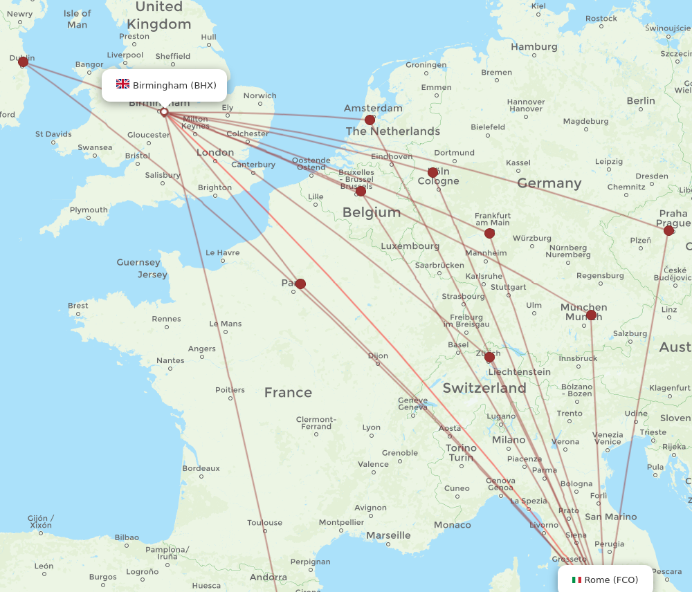 FCO to BHX flights and routes map