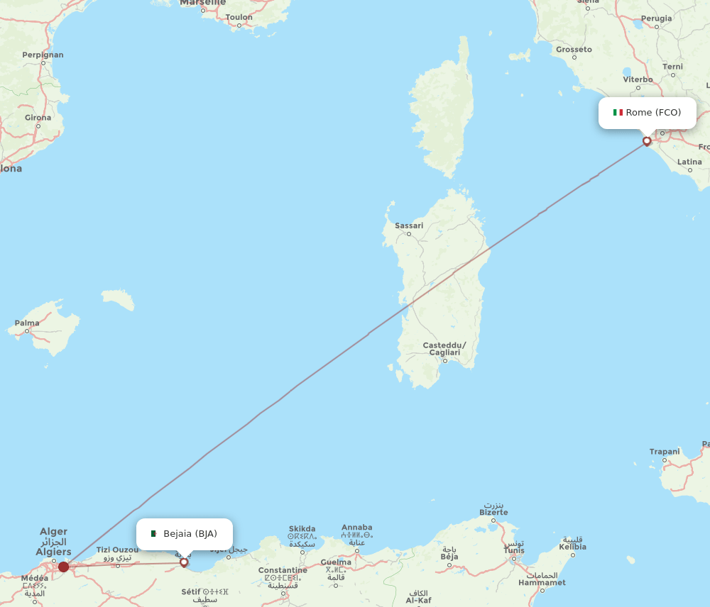 Bejaia - Rome route map and flight paths