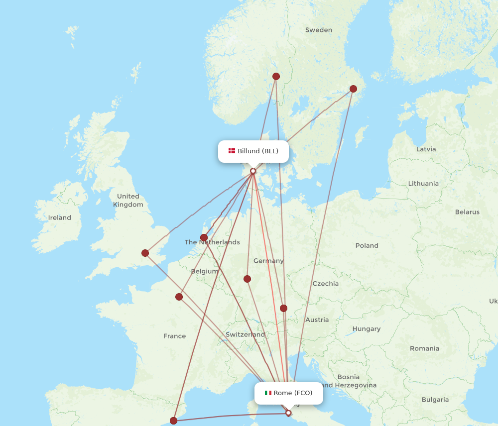 FCO to BLL flights and routes map