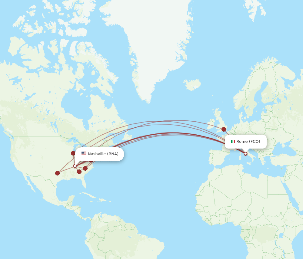 FCO to BNA flights and routes map