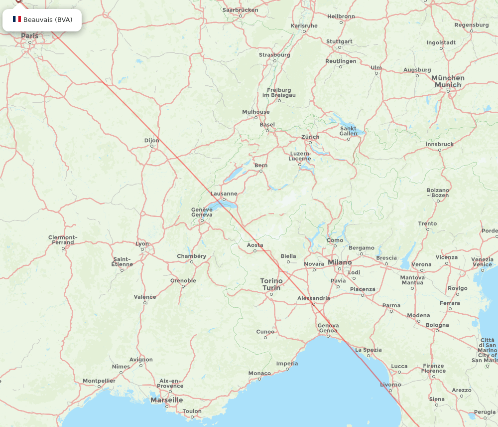 Rome - Paris route map and flight paths