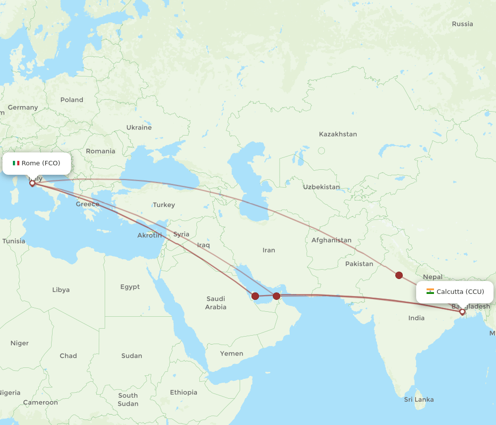 FCO-CCU flight routes