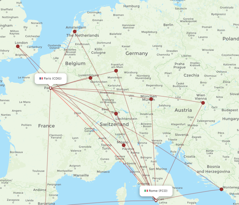 FCO to CDG flights and routes map