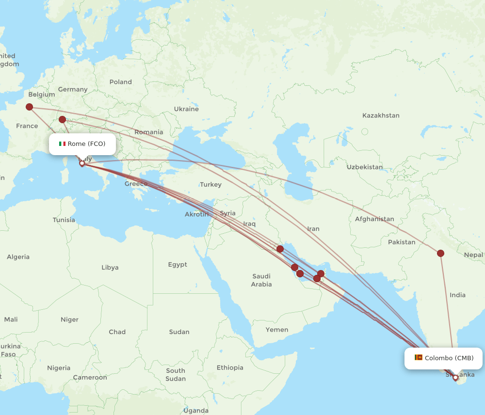 FCO to CMB flights and routes map