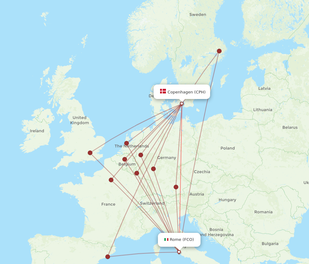 FCO to CPH flights and routes map