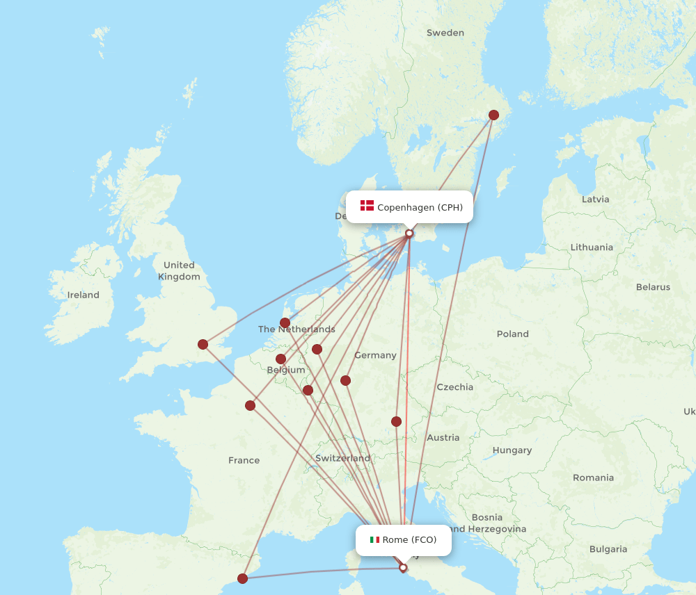 FCO to CPH flights and routes map