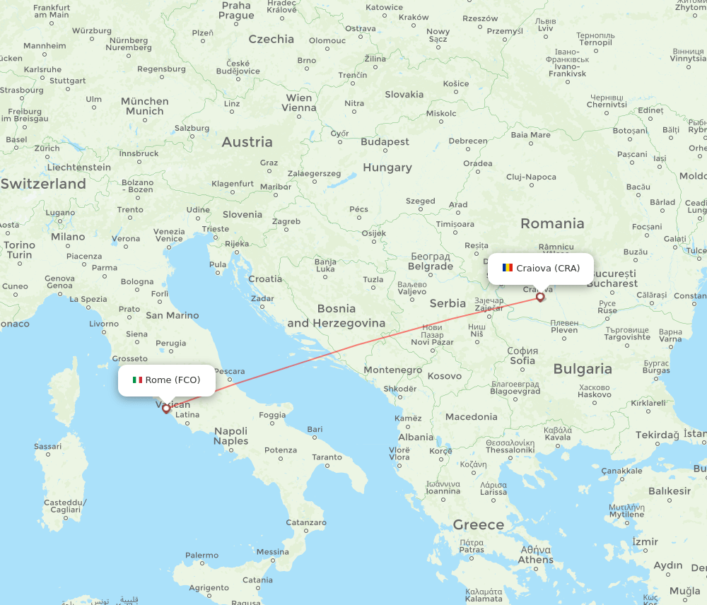 Rome - Craiova route map and flight paths
