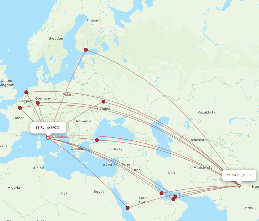 FCO to DEL flights and routes map