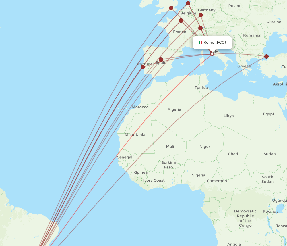 FCO to GRU flights and routes map