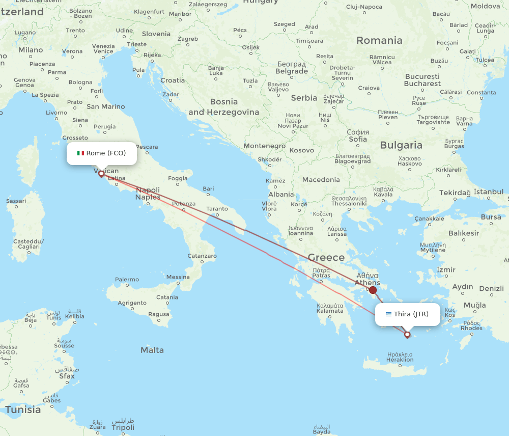 FCO to JTR flights and routes map