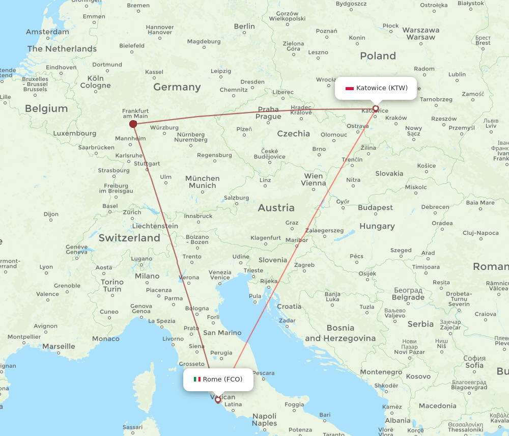 FCO to KTW flights and routes map