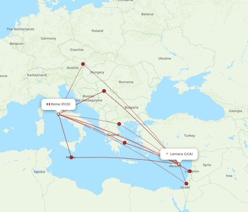 FCO to LCA flights and routes map