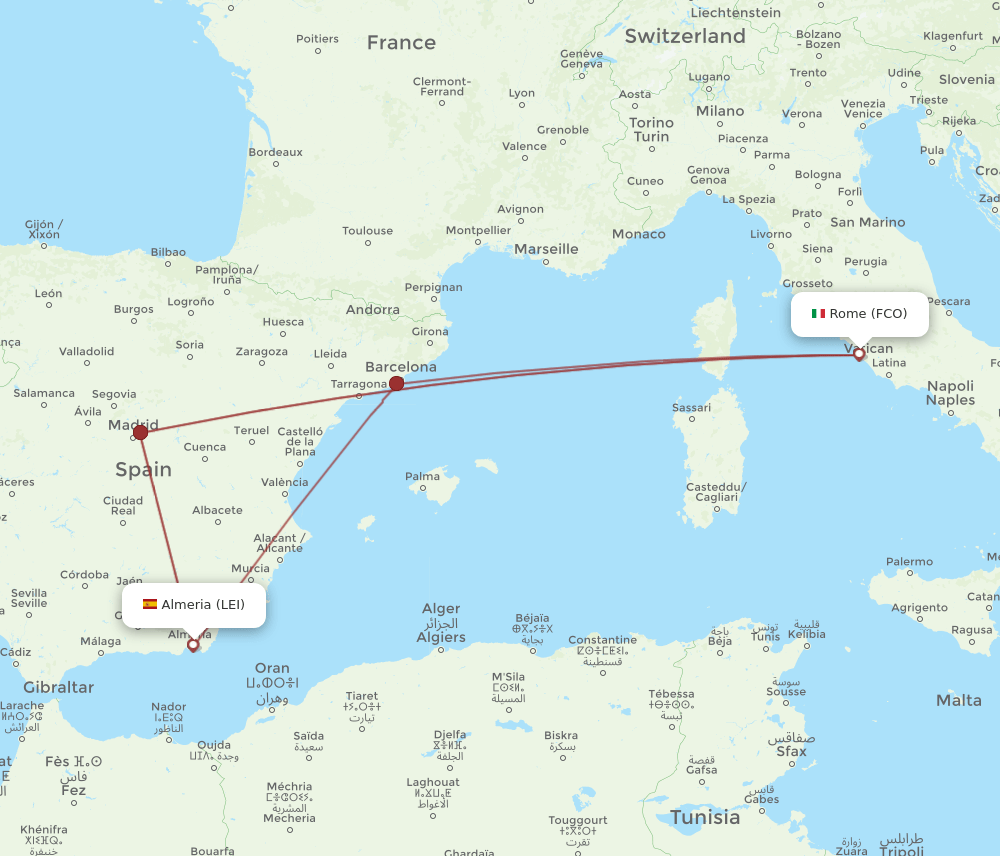FCO-LEI flight routes