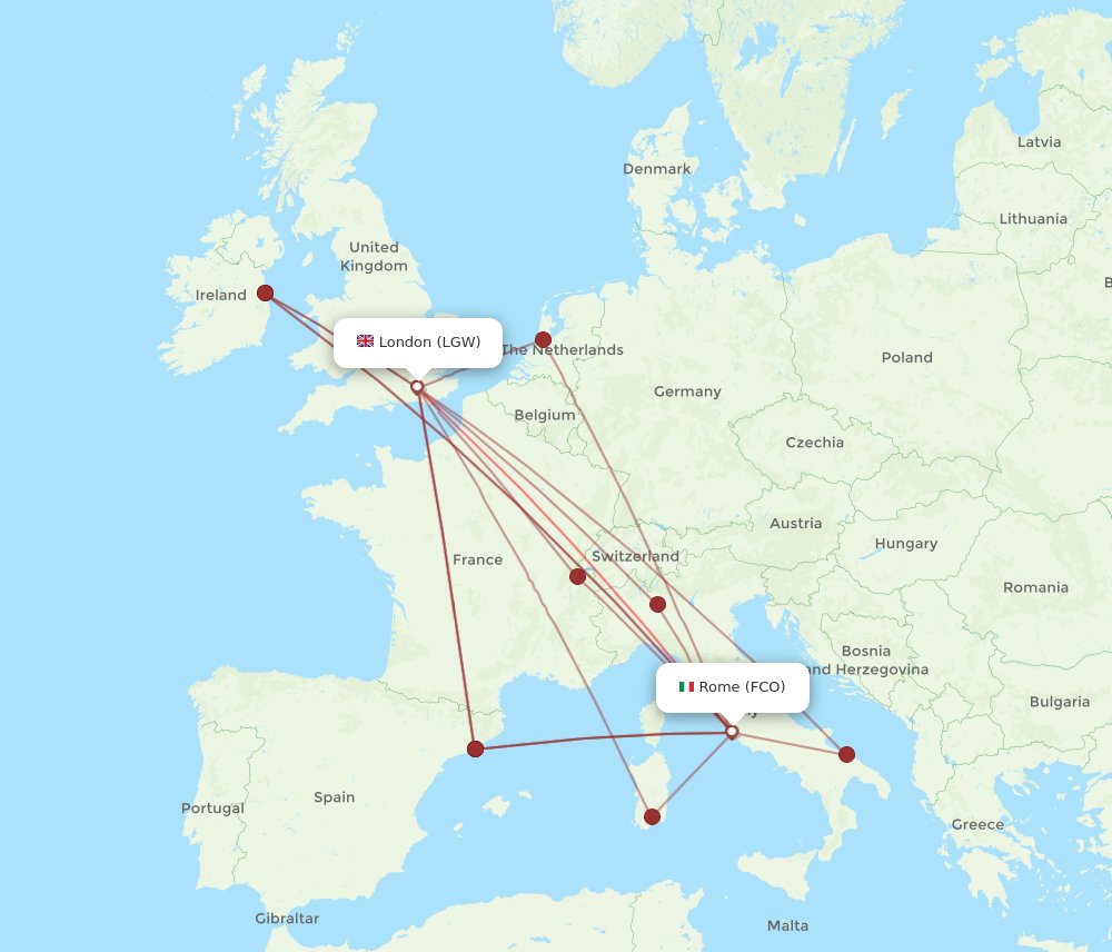 FCO to LGW flights and routes map