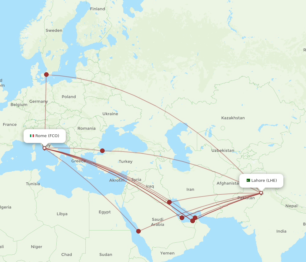 FCO to LHE flights and routes map