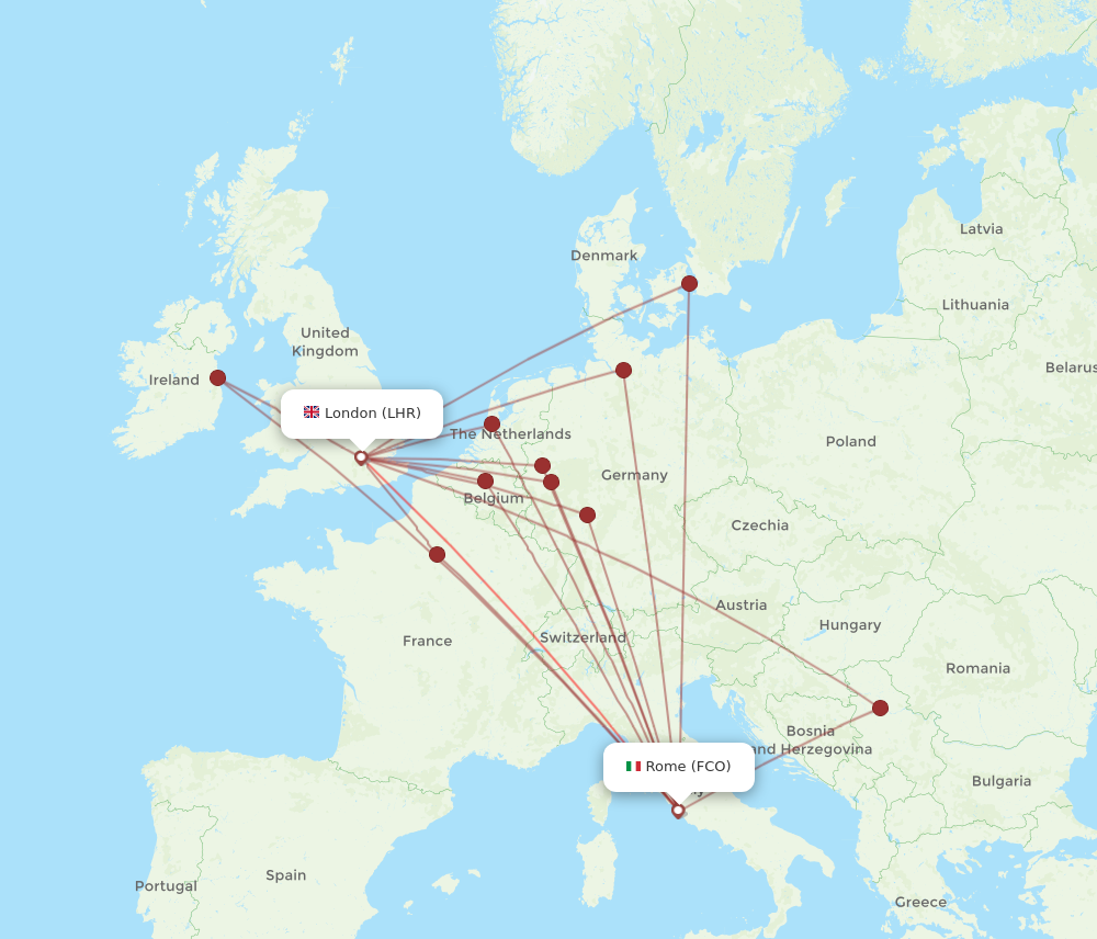 FCO to LHR flights and routes map