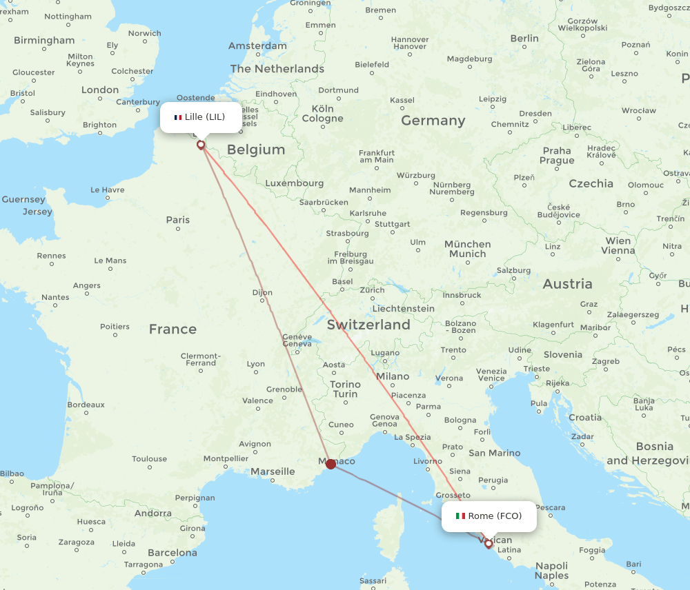 Rome - Lille route map and flight paths