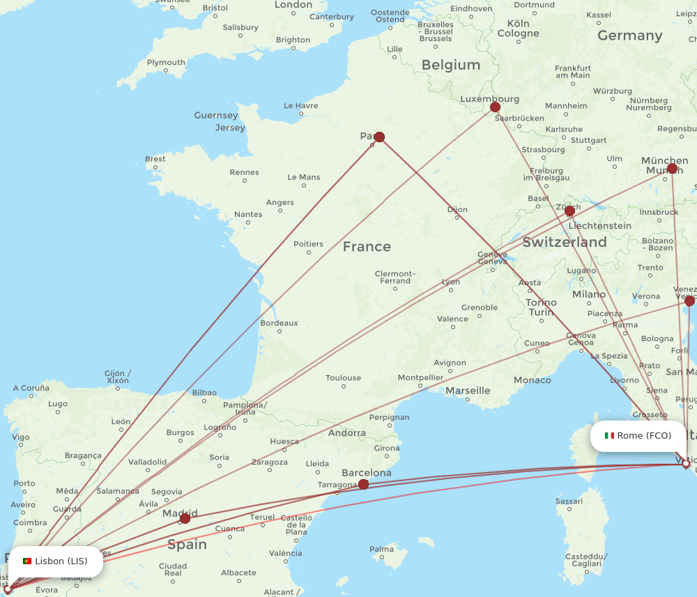 FCO to LIS flights and routes map