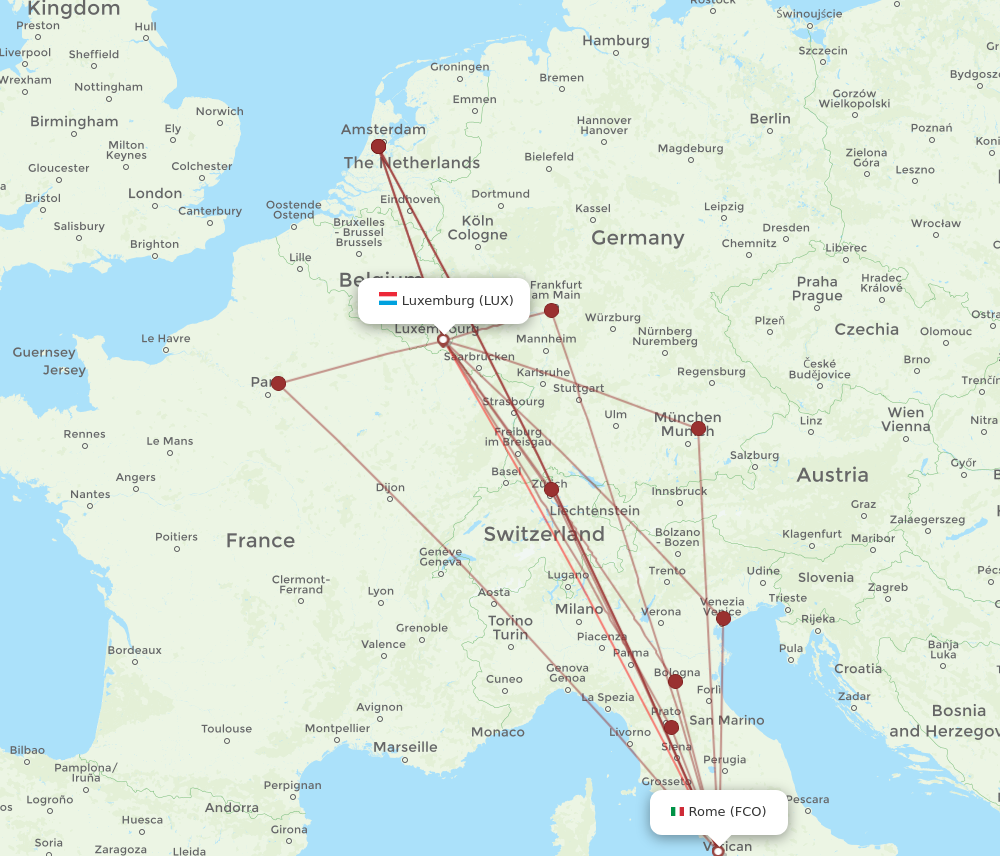 FCO to LUX flights and routes map
