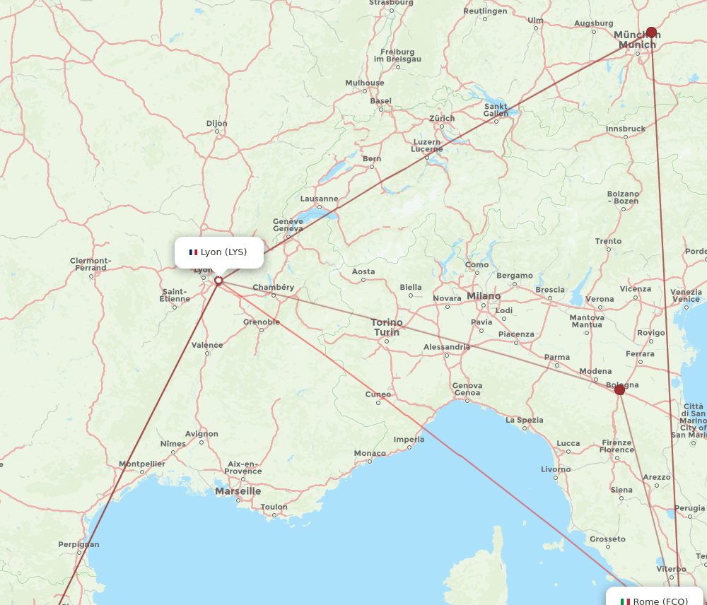 FCO to LYS flights and routes map