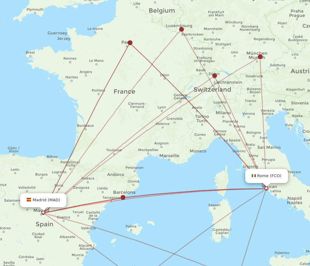 FCO to MAD flights and routes map