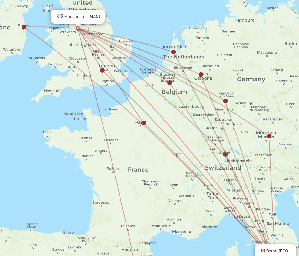 FCO to MAN flights and routes map