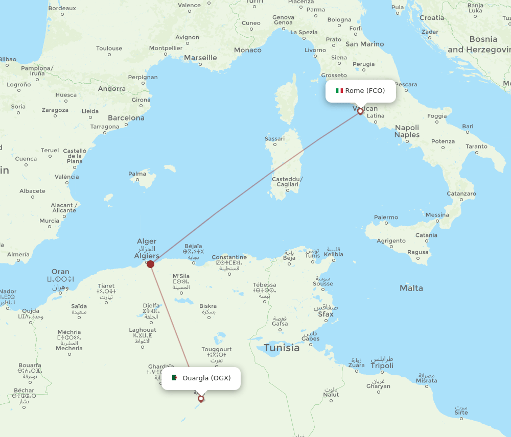 Ouargla - Rome route map and flight paths