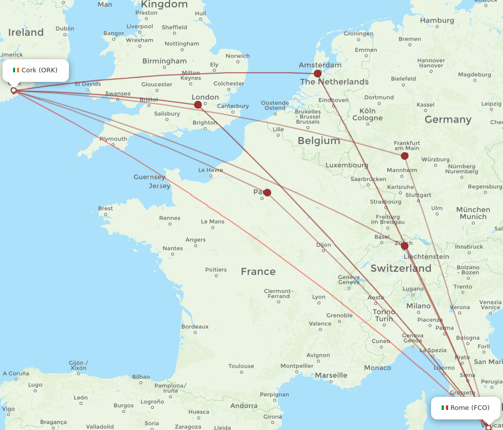 FCO to ORK flights and routes map