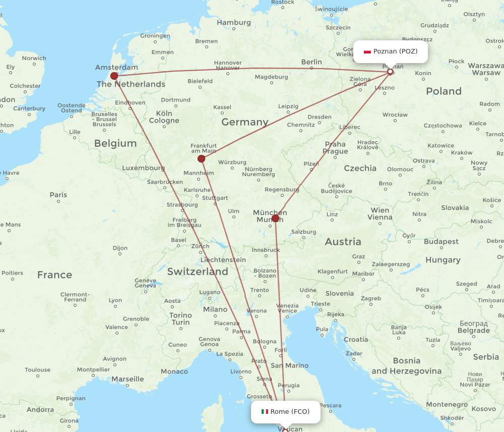 FCO to POZ flights and routes map
