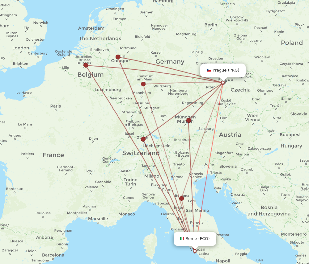 FCO to PRG flights and routes map