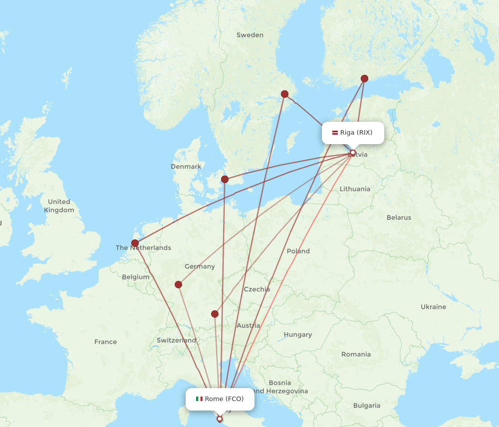 FCO to RIX flights and routes map