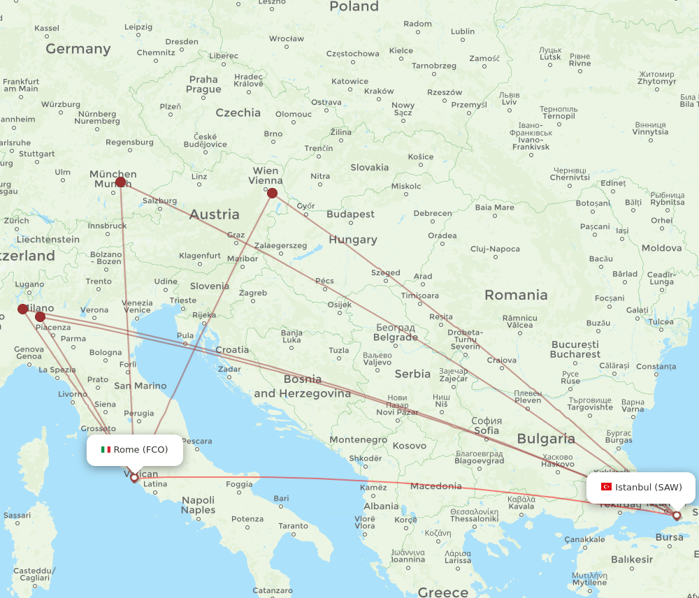 Rome - Istanbul route map and flight paths