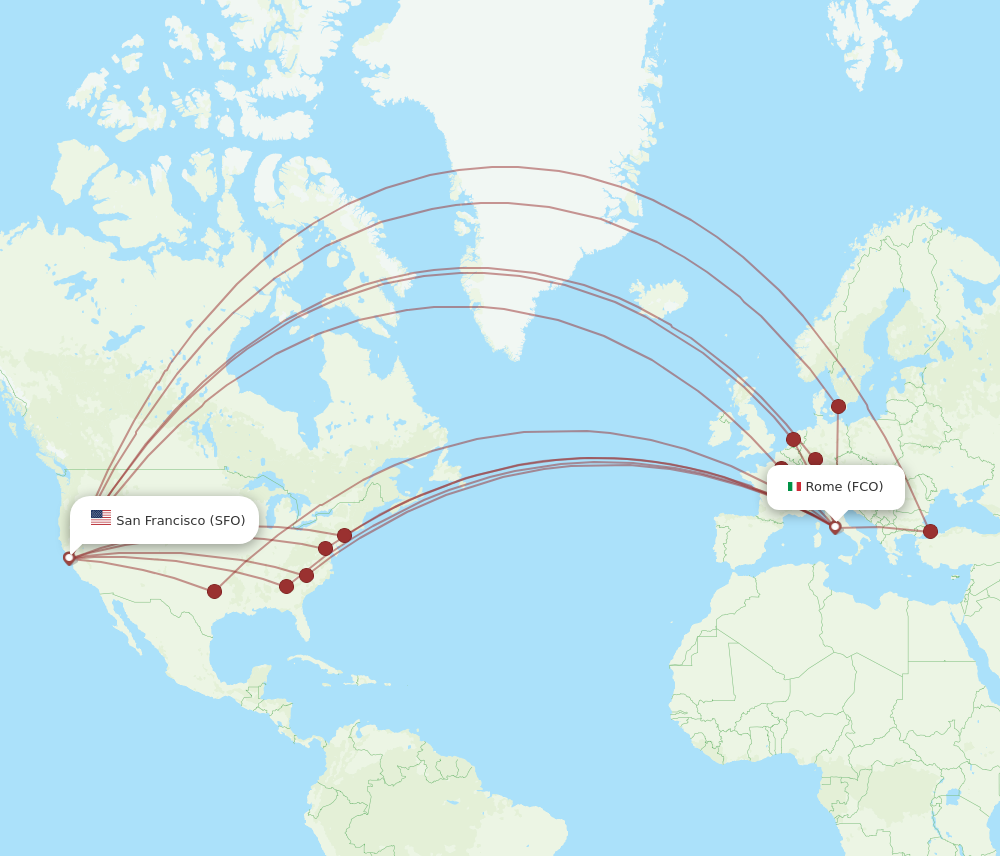 FCO to SFO flights and routes map
